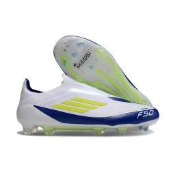 Bota de Futbol Adidas F50 Elite LL FG Blanco Amarillo Solar Azul Lúcido