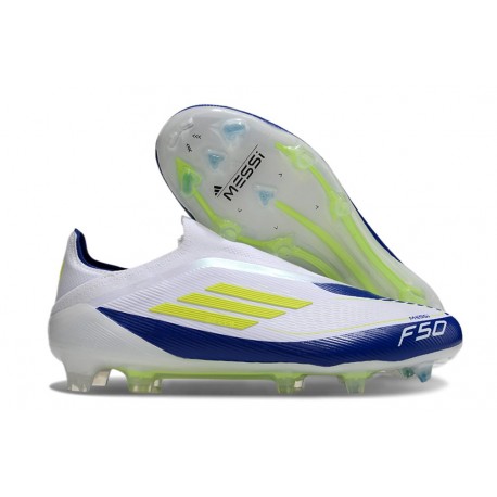 Bota de Futbol Adidas F50 Elite LL FG Blanco Amarillo Solar Azul Lúcido