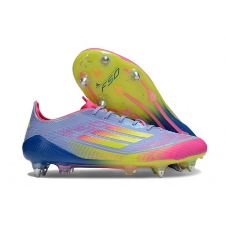 Bota de Fútbol Adidas F50 Elite SG Azul Fusion Limón Lúcido Rosa Lúcido